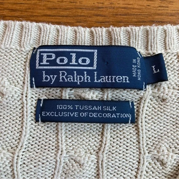 Polo by Ralph Lauren Men Cable Knit Sweater L 100% Tussah Silk V-Neck Pony Logo - Picture 3 of 11